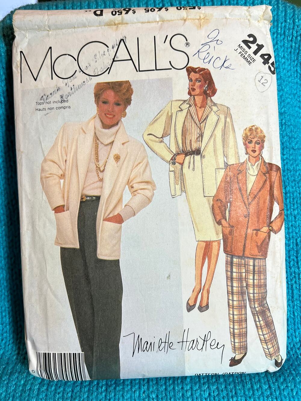 McCalls 2145 boxy blazer pants pencil skirt suit 1980s pattern sz 12